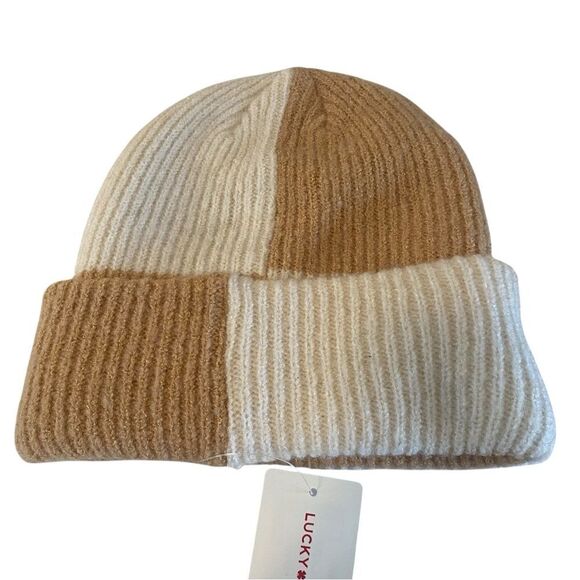 Checkered Color Block Unisex Beanie in Beige & Light Tan. - Picture 4 of 5